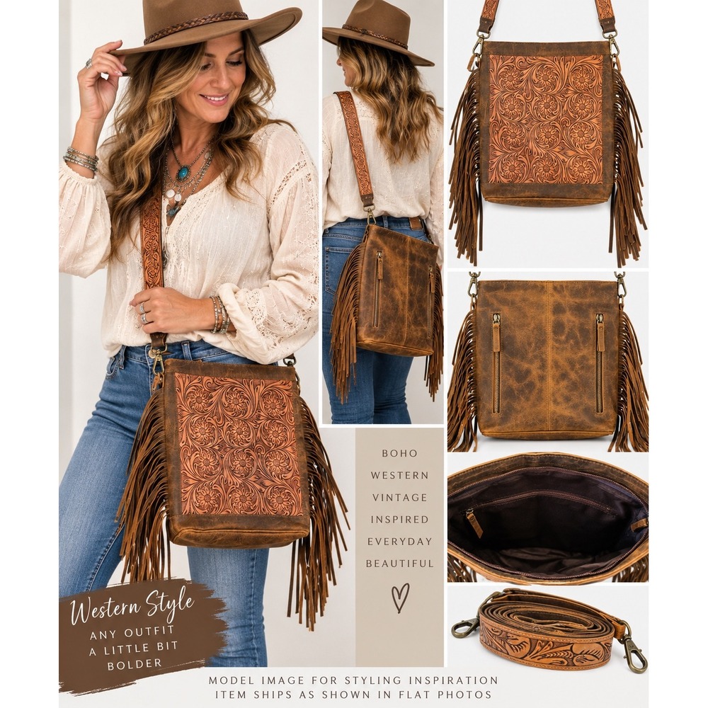 NWOT Tooled Leather Fringe Crossbody Bag Western Boho Cowgirl Distressed